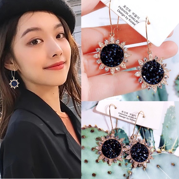 Divine Druzy Sunflower Lever Back Dangle Earrings - Picture 2 of 5